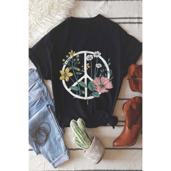 Black Boho Floral Peace Sign Graphic Tee - Picture 2 of 4